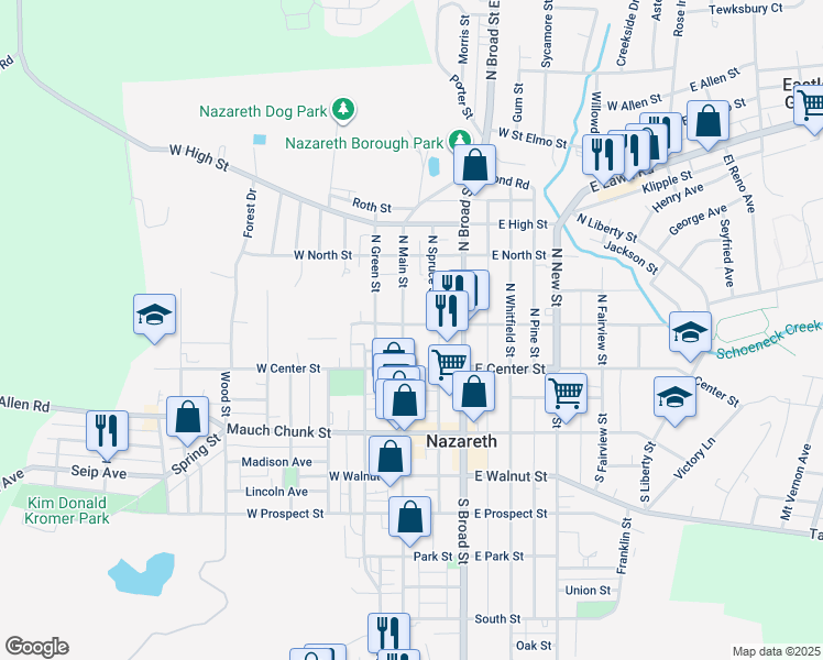 map of restaurants, bars, coffee shops, grocery stores, and more near 34 North Main Street in Nazareth