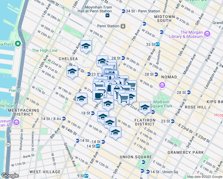 map of restaurants, bars, coffee shops, grocery stores, and more near 162 West 23rd Street in New York