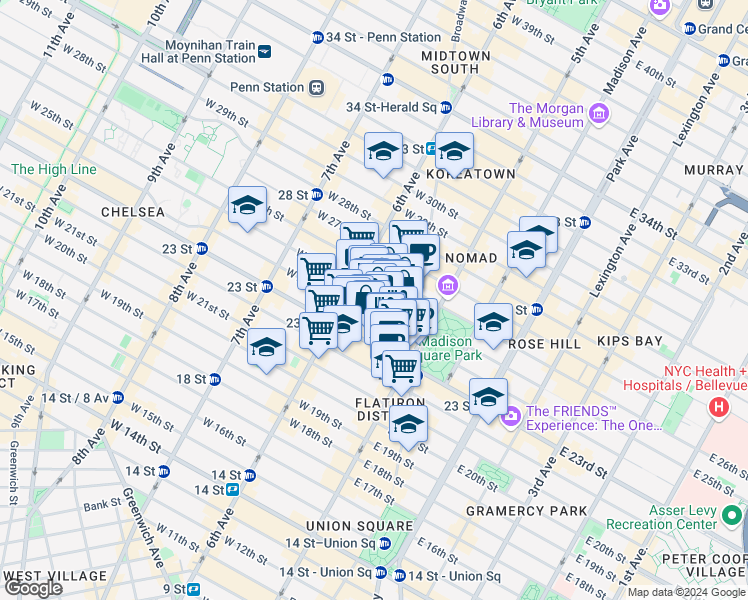 map of restaurants, bars, coffee shops, grocery stores, and more near 40 West 25th Street in New York