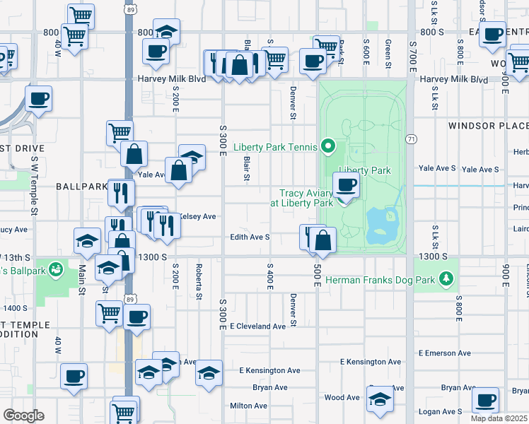 map of restaurants, bars, coffee shops, grocery stores, and more near 1160 South 400 East in Salt Lake City