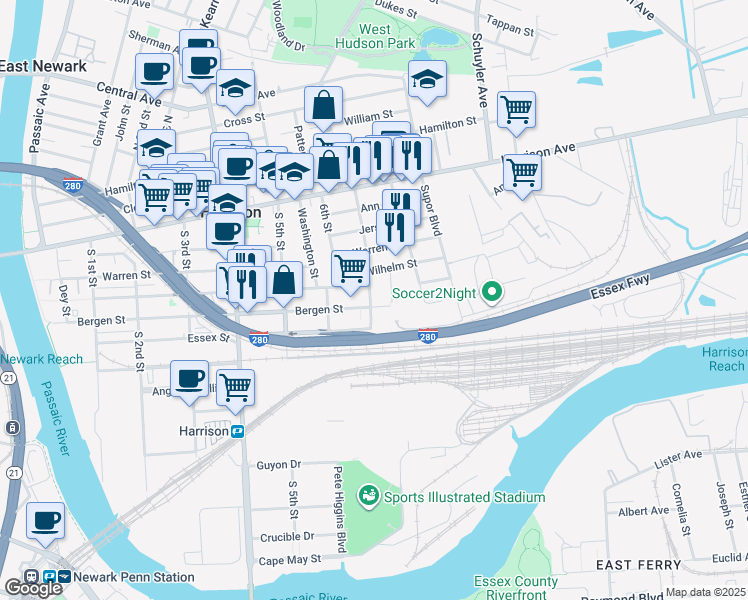map of restaurants, bars, coffee shops, grocery stores, and more near 713 Bergen Street in Harrison