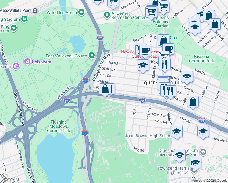 map of restaurants, bars, coffee shops, grocery stores, and more near 132-20 Horace Harding Expressway in Queens
