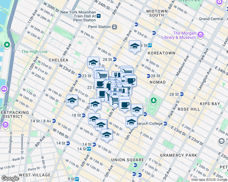 map of restaurants, bars, coffee shops, grocery stores, and more near in New York