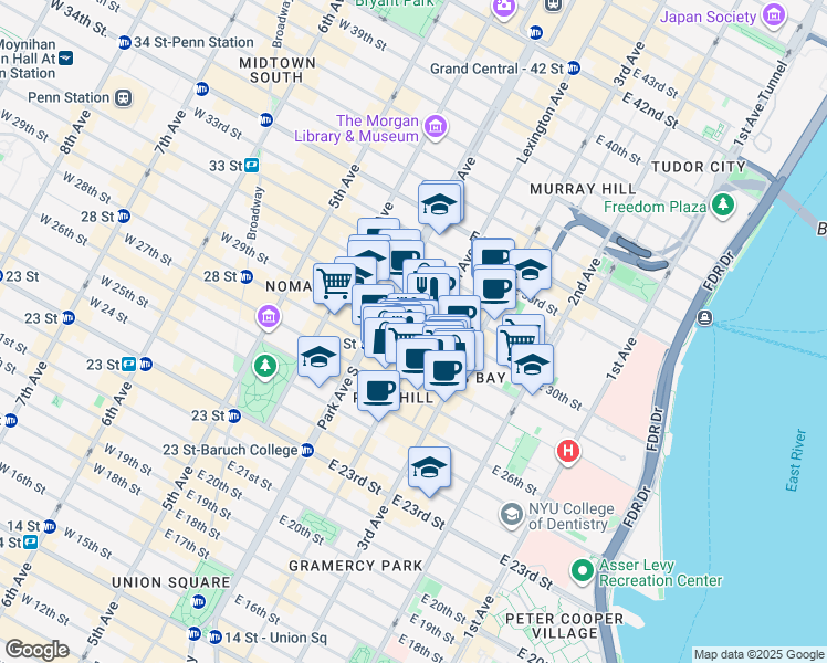 map of restaurants, bars, coffee shops, grocery stores, and more near 119 East 29th Street in New York