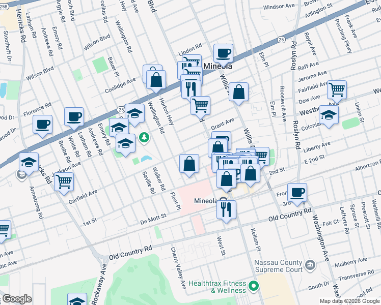 map of restaurants, bars, coffee shops, grocery stores, and more near 147 Horton Highway in Mineola
