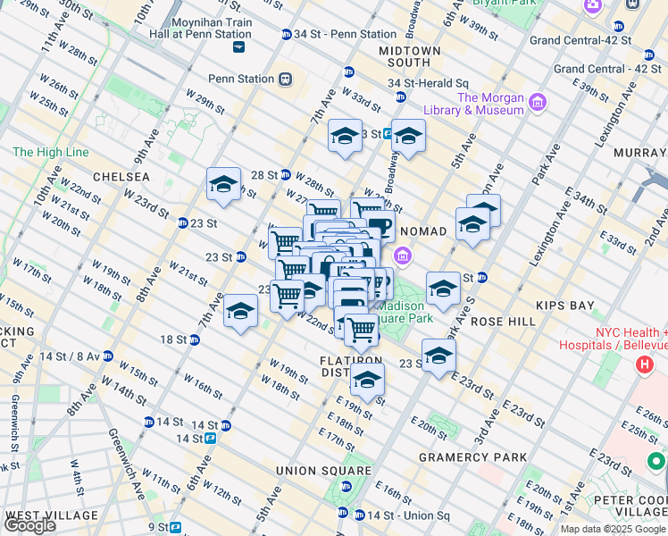 map of restaurants, bars, coffee shops, grocery stores, and more near 40 West 25th Street in New York