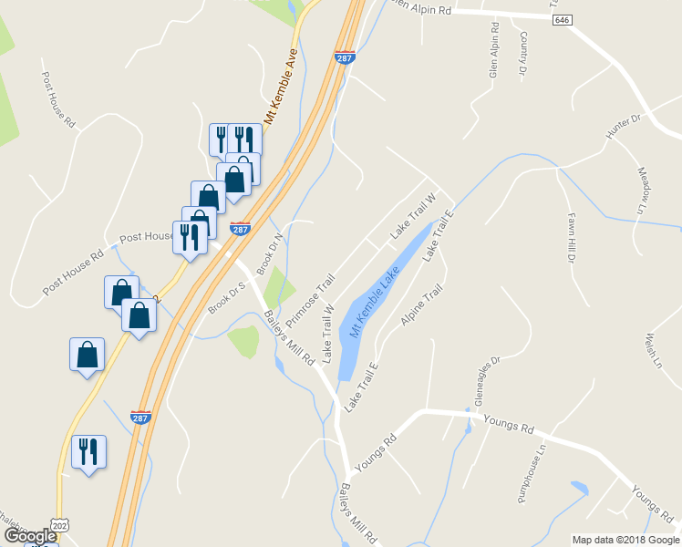 map of restaurants, bars, coffee shops, grocery stores, and more near 29 Primrose Trail in Morristown