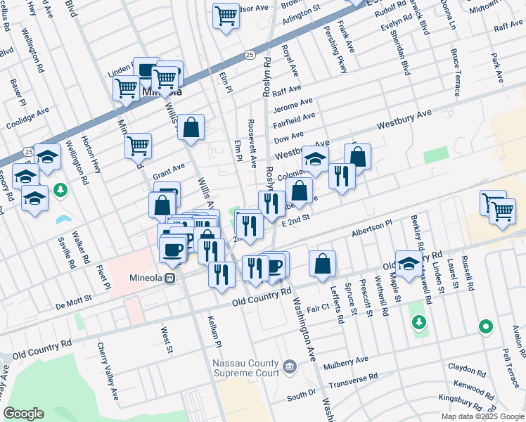 map of restaurants, bars, coffee shops, grocery stores, and more near 94 2nd Street in Mineola