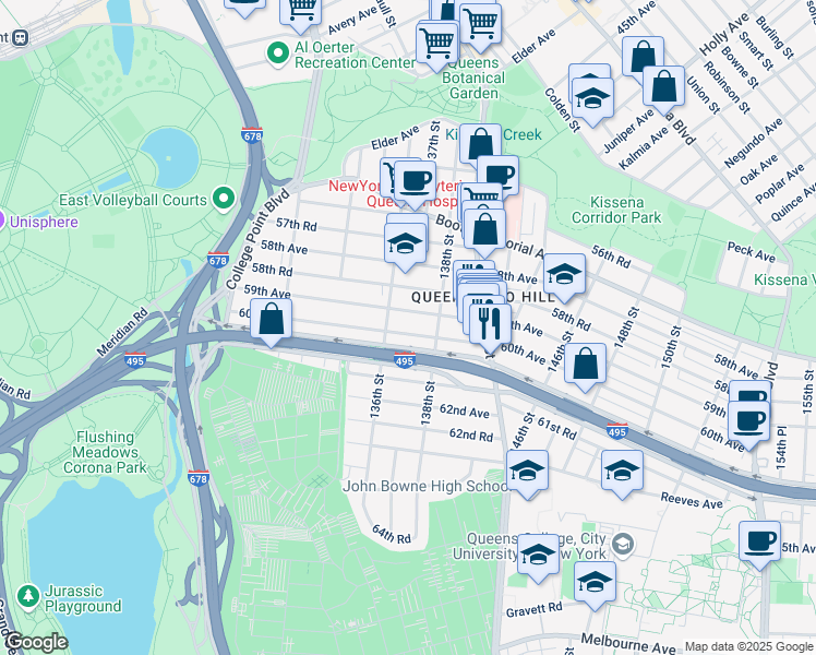 map of restaurants, bars, coffee shops, grocery stores, and more near 136-34 60th Avenue in Queens
