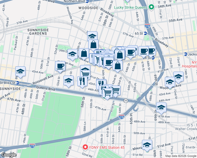 map of restaurants, bars, coffee shops, grocery stores, and more near 5857 43rd Avenue in Queens