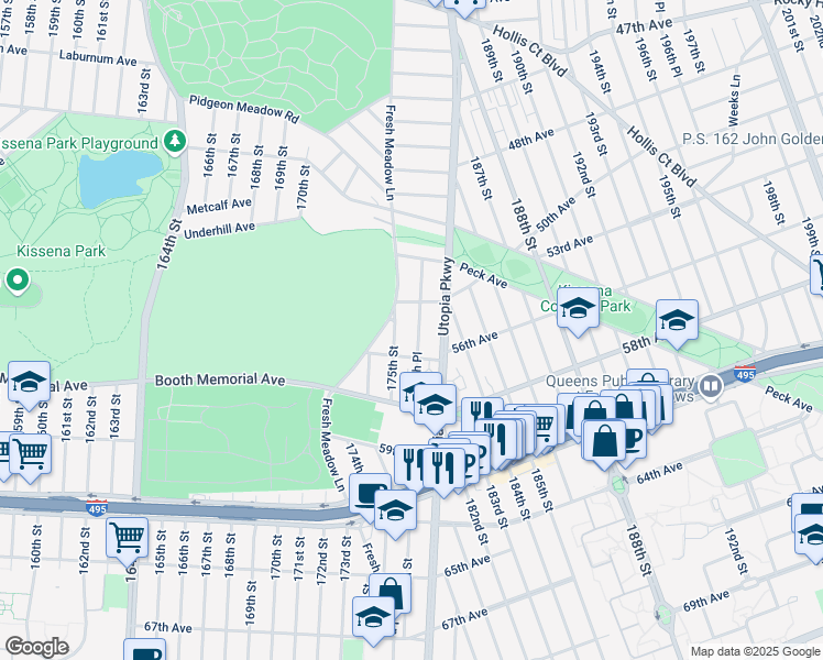 map of restaurants, bars, coffee shops, grocery stores, and more near 175-15 56th Avenue in Queens