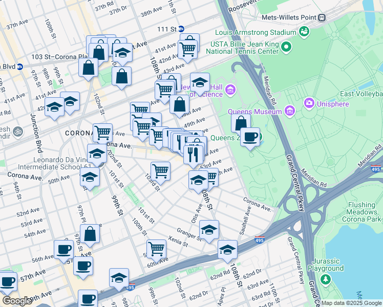 map of restaurants, bars, coffee shops, grocery stores, and more near 51-09 108th Street in Queens