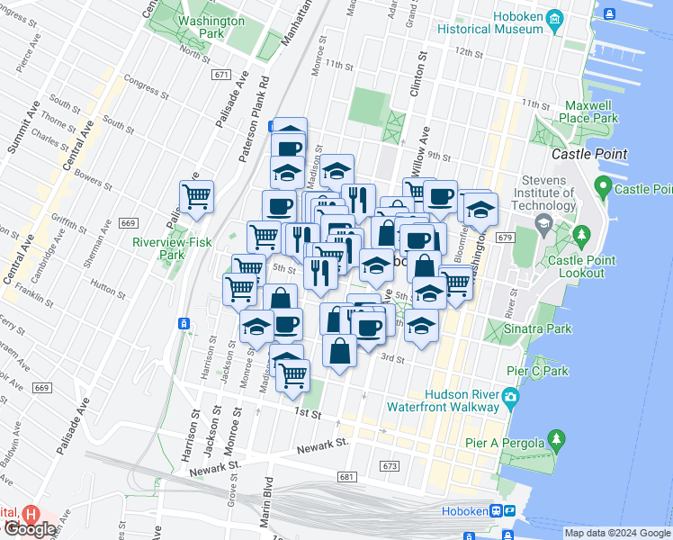 map of restaurants, bars, coffee shops, grocery stores, and more near 415 Adams Street in Hoboken