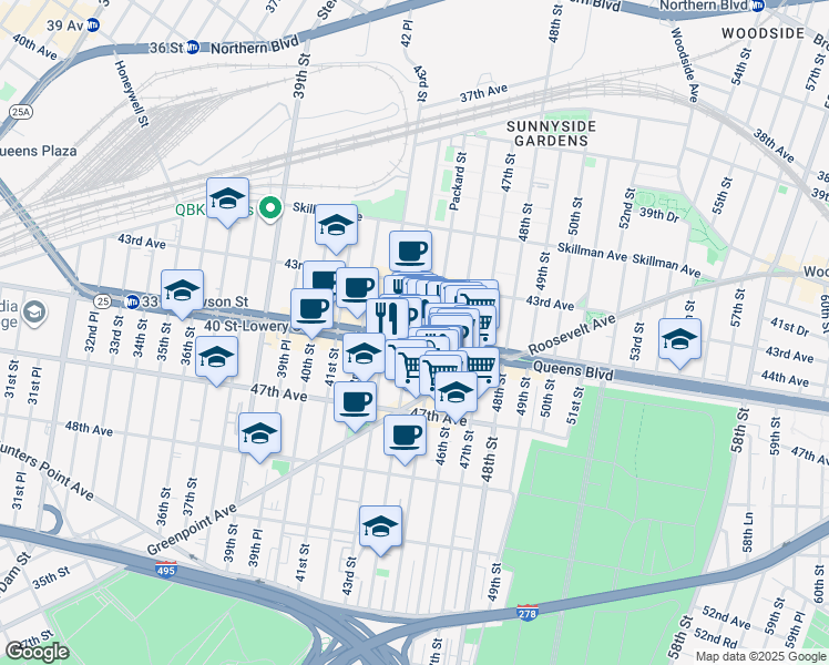 map of restaurants, bars, coffee shops, grocery stores, and more near in Queens