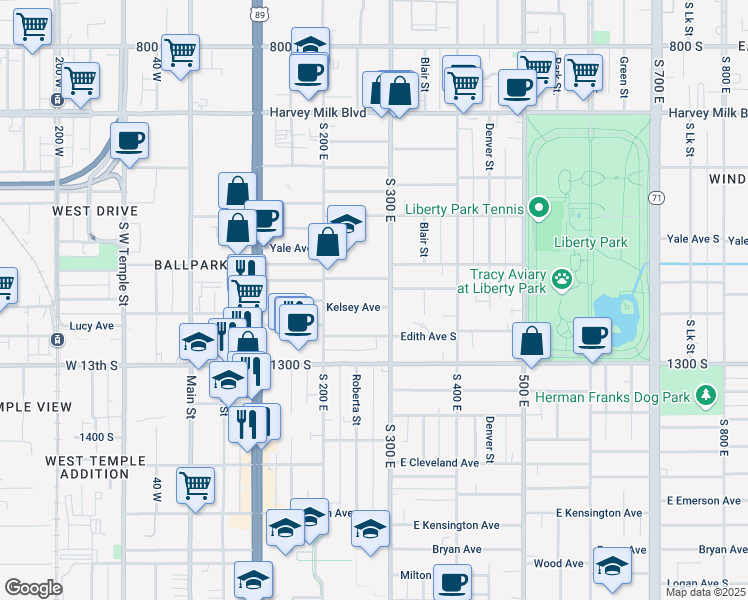 map of restaurants, bars, coffee shops, grocery stores, and more near 263 Edith Avenue South in Salt Lake City