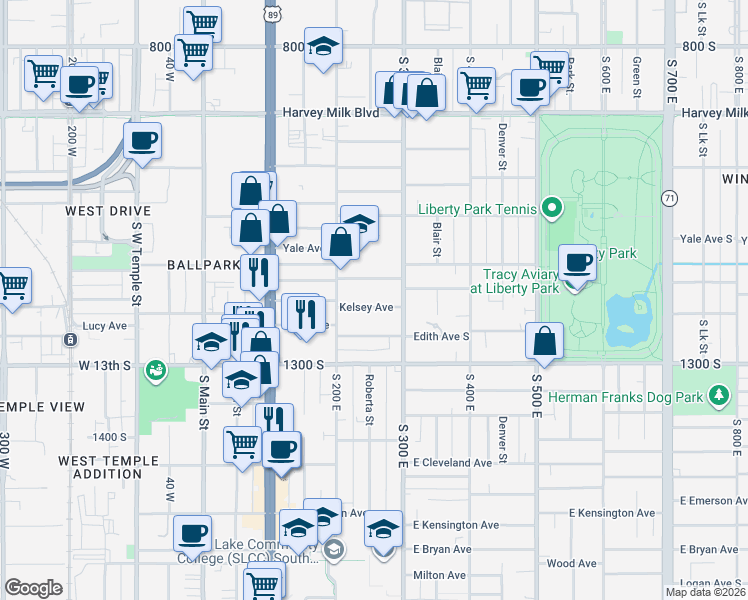 map of restaurants, bars, coffee shops, grocery stores, and more near 263 Edith Avenue South in Salt Lake City