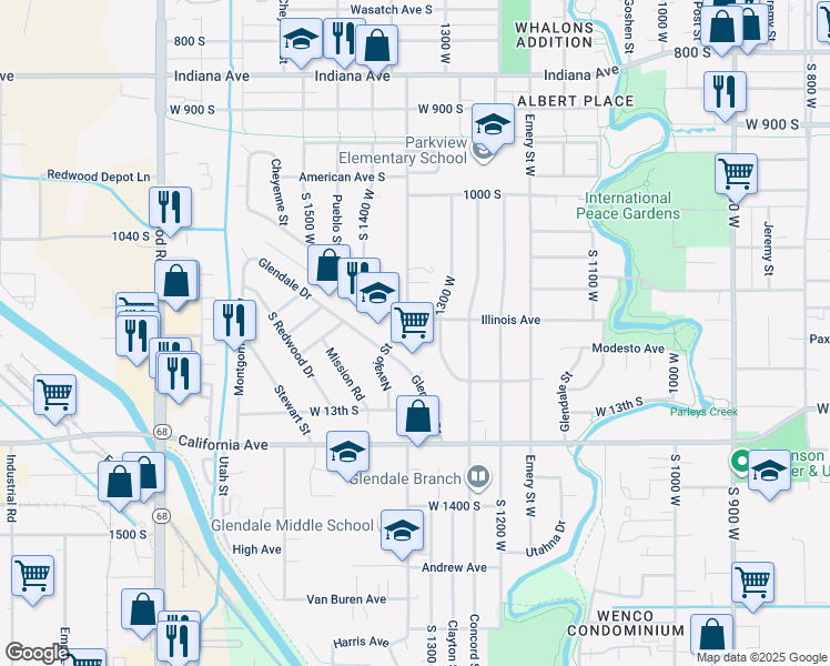 map of restaurants, bars, coffee shops, grocery stores, and more near 1188 1300 West in Salt Lake City