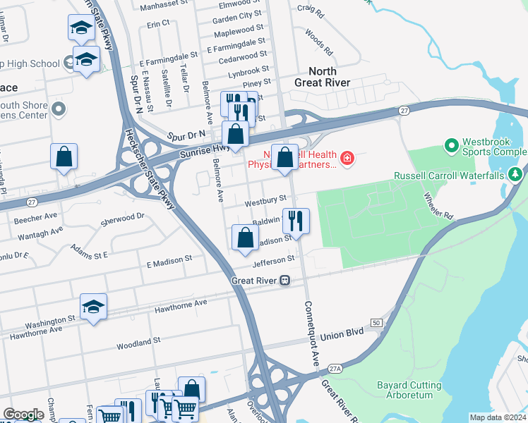 map of restaurants, bars, coffee shops, grocery stores, and more near 44 Baldwin Street in East Islip