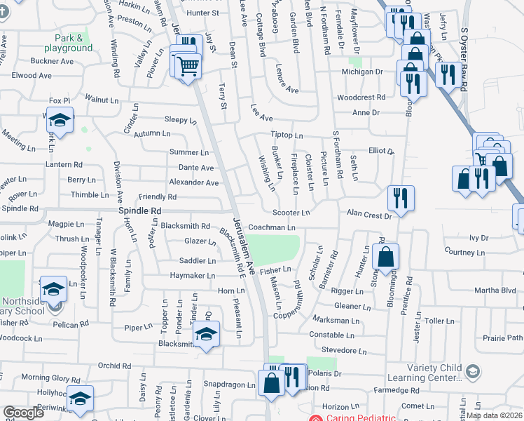 map of restaurants, bars, coffee shops, grocery stores, and more near 7 Coachman Lane in Levittown