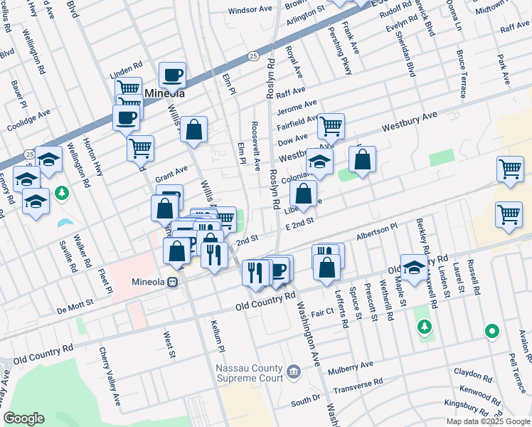 map of restaurants, bars, coffee shops, grocery stores, and more near 94 2nd Street in Mineola