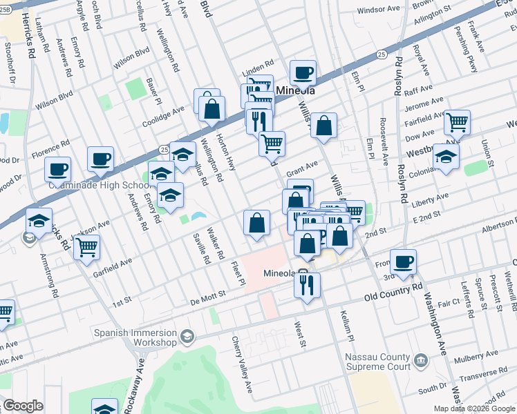 map of restaurants, bars, coffee shops, grocery stores, and more near 147 Horton Highway in Mineola