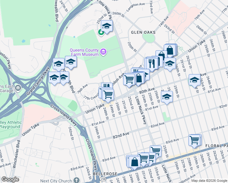 map of restaurants, bars, coffee shops, grocery stores, and more near 77-48 250th Street in Queens