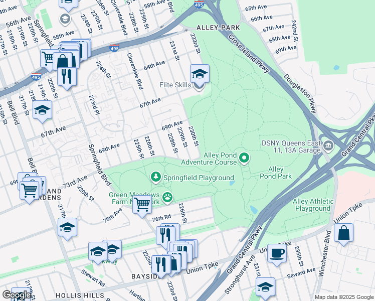 map of restaurants, bars, coffee shops, grocery stores, and more near 69-80 229th Street in Queens