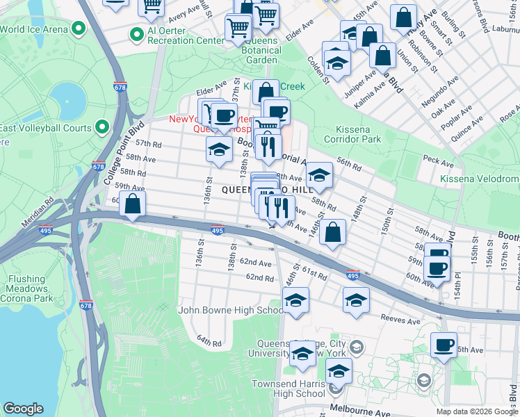 map of restaurants, bars, coffee shops, grocery stores, and more near 138-22 60th Avenue in Queens