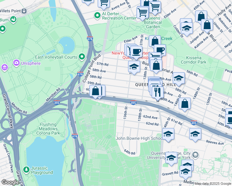 map of restaurants, bars, coffee shops, grocery stores, and more near in Queens