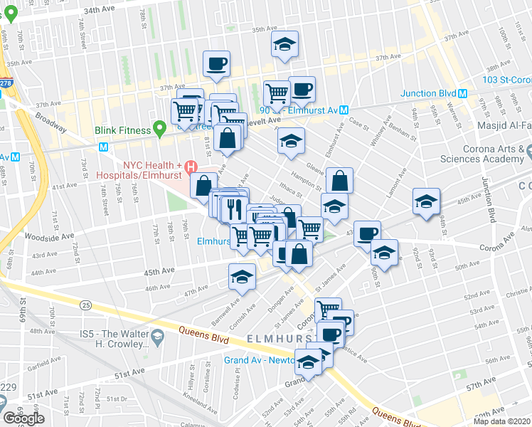map of restaurants, bars, coffee shops, grocery stores, and more near in Queens