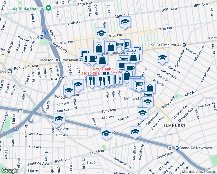 map of restaurants, bars, coffee shops, grocery stores, and more near 42-24 78th Street in Queens