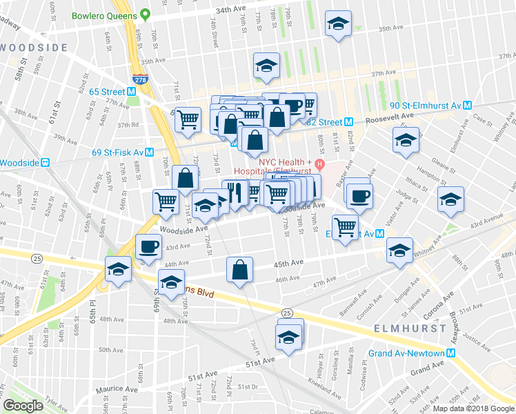 map of restaurants, bars, coffee shops, grocery stores, and more near in Queens
