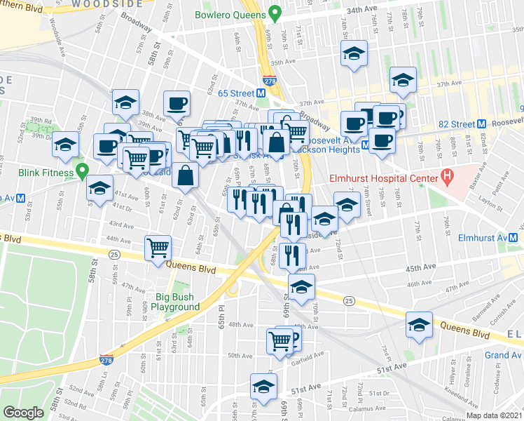 map of restaurants, bars, coffee shops, grocery stores, and more near 66-14 Woodside Avenue in Queens