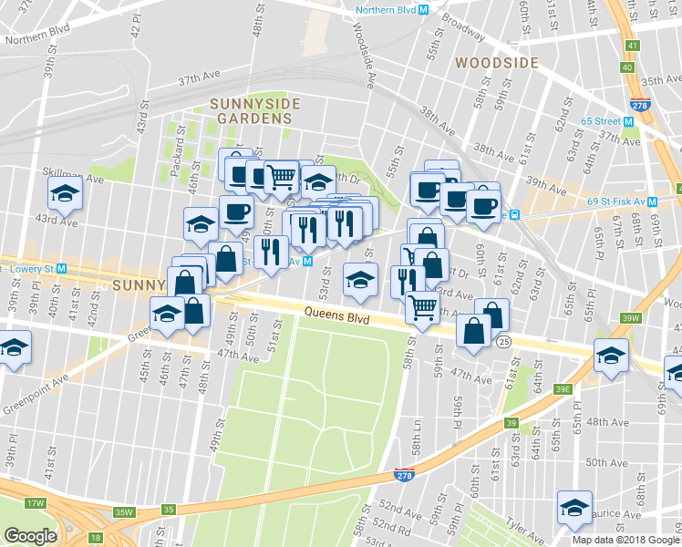 map of restaurants, bars, coffee shops, grocery stores, and more near 43-26 54th Street in Queens