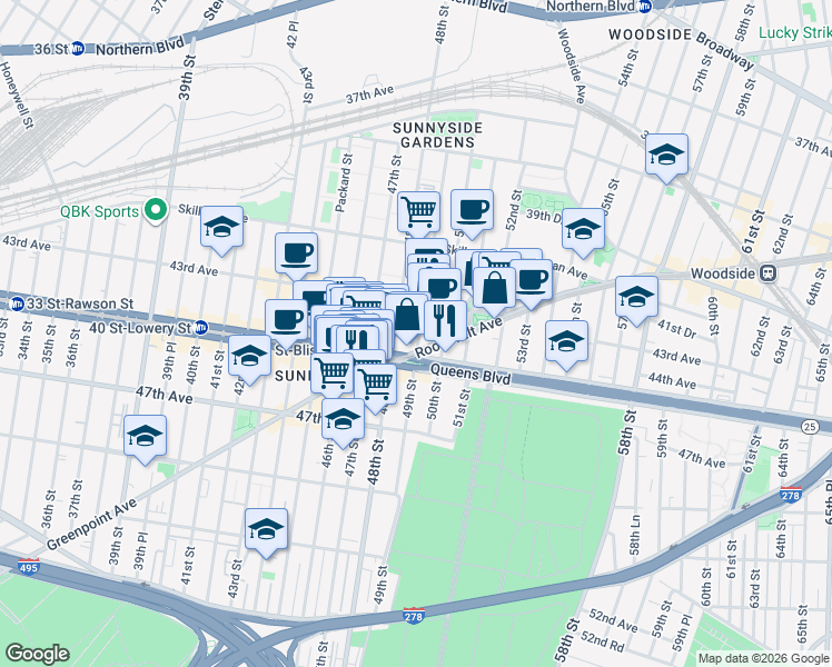 map of restaurants, bars, coffee shops, grocery stores, and more near in Queens