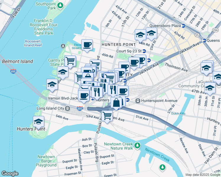 map of restaurants, bars, coffee shops, grocery stores, and more near in Queens