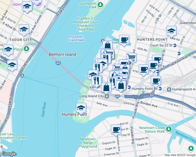 map of restaurants, bars, coffee shops, grocery stores, and more near in Queens