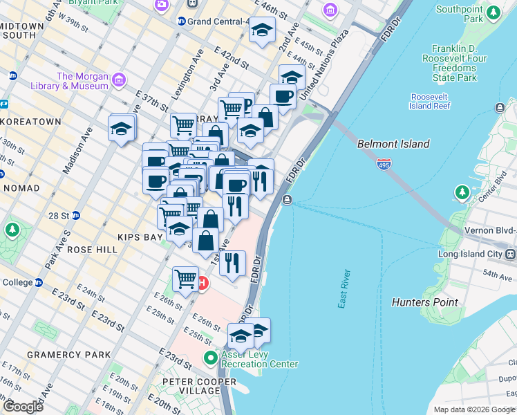 map of restaurants, bars, coffee shops, grocery stores, and more near 576 1st Avenue in New York