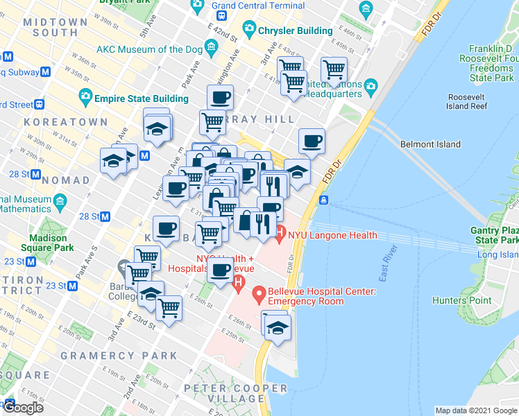 map of restaurants, bars, coffee shops, grocery stores, and more near 300 East 33rd Street in New York