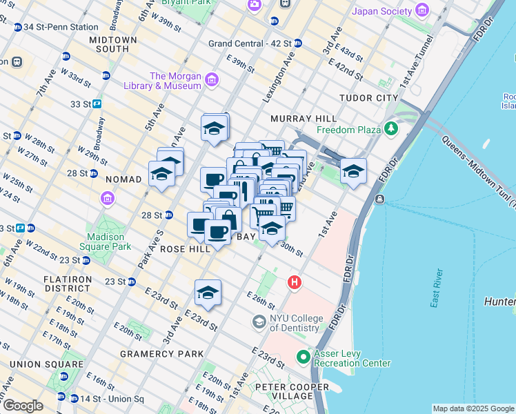 map of restaurants, bars, coffee shops, grocery stores, and more near 208 East 30th Street in New York