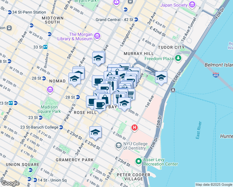 map of restaurants, bars, coffee shops, grocery stores, and more near 208 East 30th Street in New York