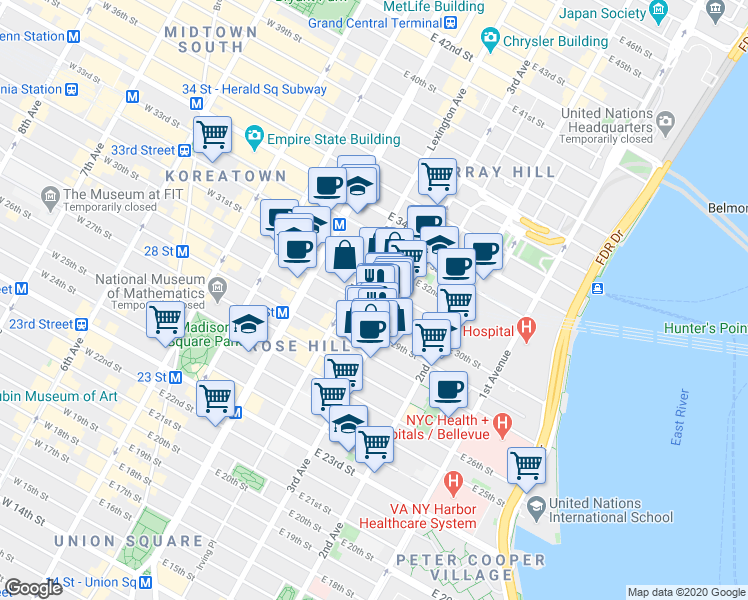 map of restaurants, bars, coffee shops, grocery stores, and more near in New York