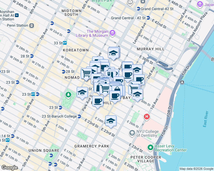 map of restaurants, bars, coffee shops, grocery stores, and more near 132 East 29th Street in New York