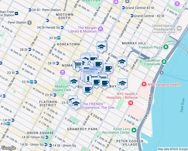 map of restaurants, bars, coffee shops, grocery stores, and more near in New York