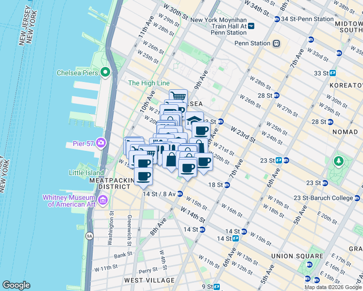 map of restaurants, bars, coffee shops, grocery stores, and more near 351 West 18th Street in New York