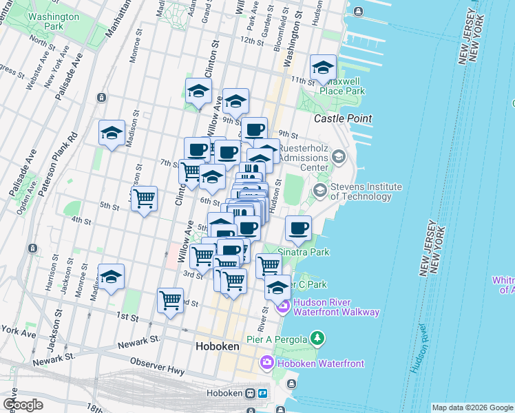 map of restaurants, bars, coffee shops, grocery stores, and more near 522 Washington Street in Hoboken