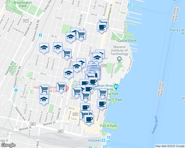map of restaurants, bars, coffee shops, grocery stores, and more near 522 Washington Street in Hoboken