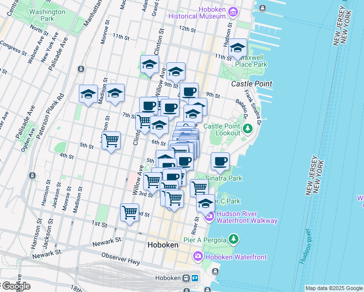 map of restaurants, bars, coffee shops, grocery stores, and more near 522 Washington Street in Hoboken