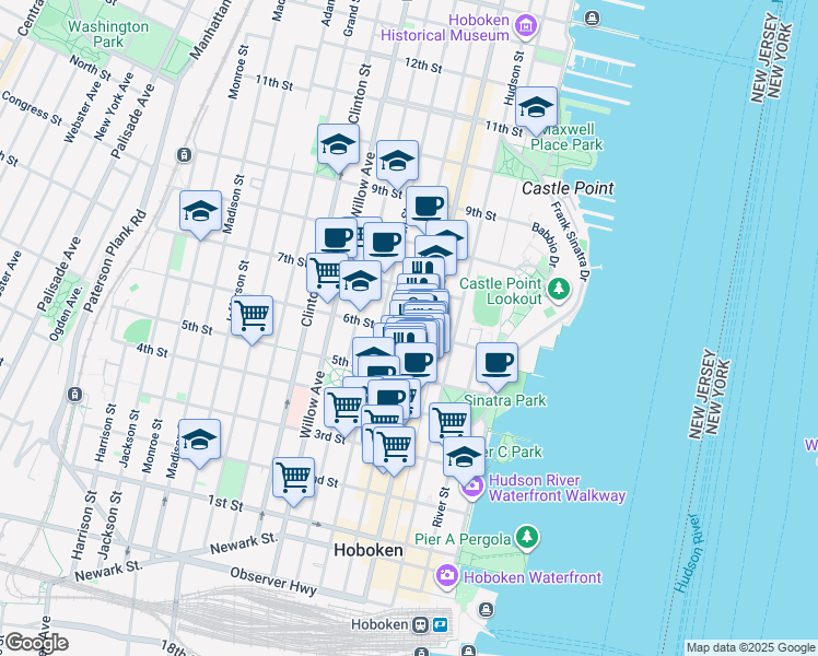 map of restaurants, bars, coffee shops, grocery stores, and more near 522 Washington Street in Hoboken