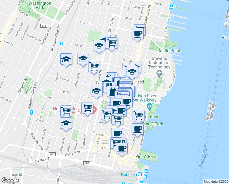 map of restaurants, bars, coffee shops, grocery stores, and more near 515 Garden Street in Hoboken